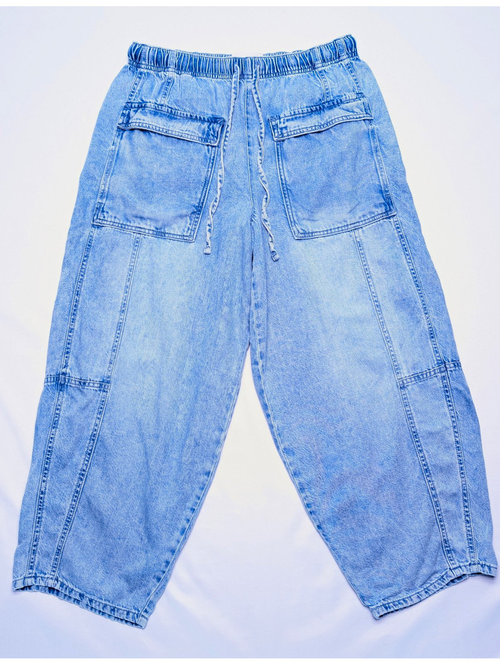 Habitual Blue Cropped Barrel Denim Jeans Elastic Waist Drawstring Pockets Size M